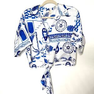 Peach Blue & White Coastal Mediterranean Tie-Front Crop Blouse Size M